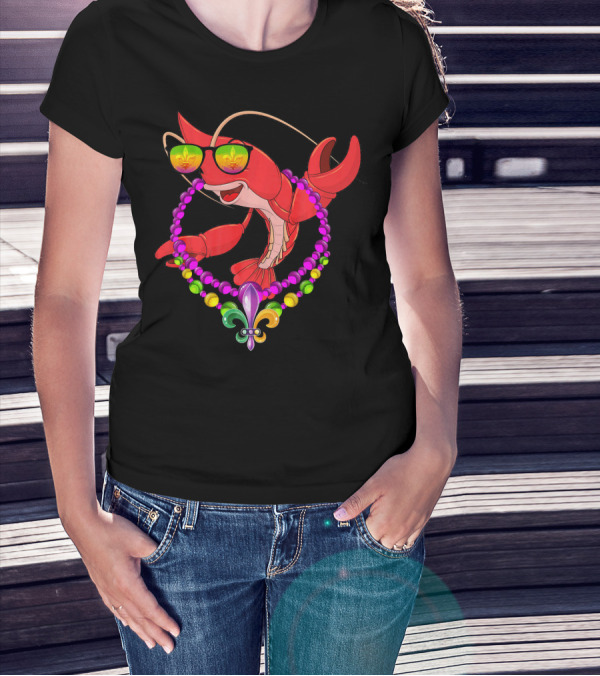 Mardi Gras Crawfish With Beaded Fleur-de-Lis And Sunglasses T-Shirt