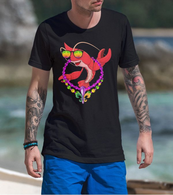 Mardi Gras Crawfish With Beaded Fleur-de-Lis And Sunglasses T-Shirt