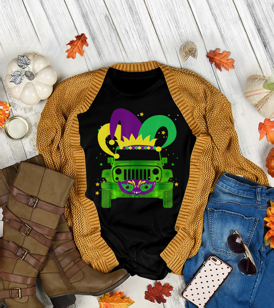 Mardi Gras Jester Hat Mask Jeep Love T-Shirt