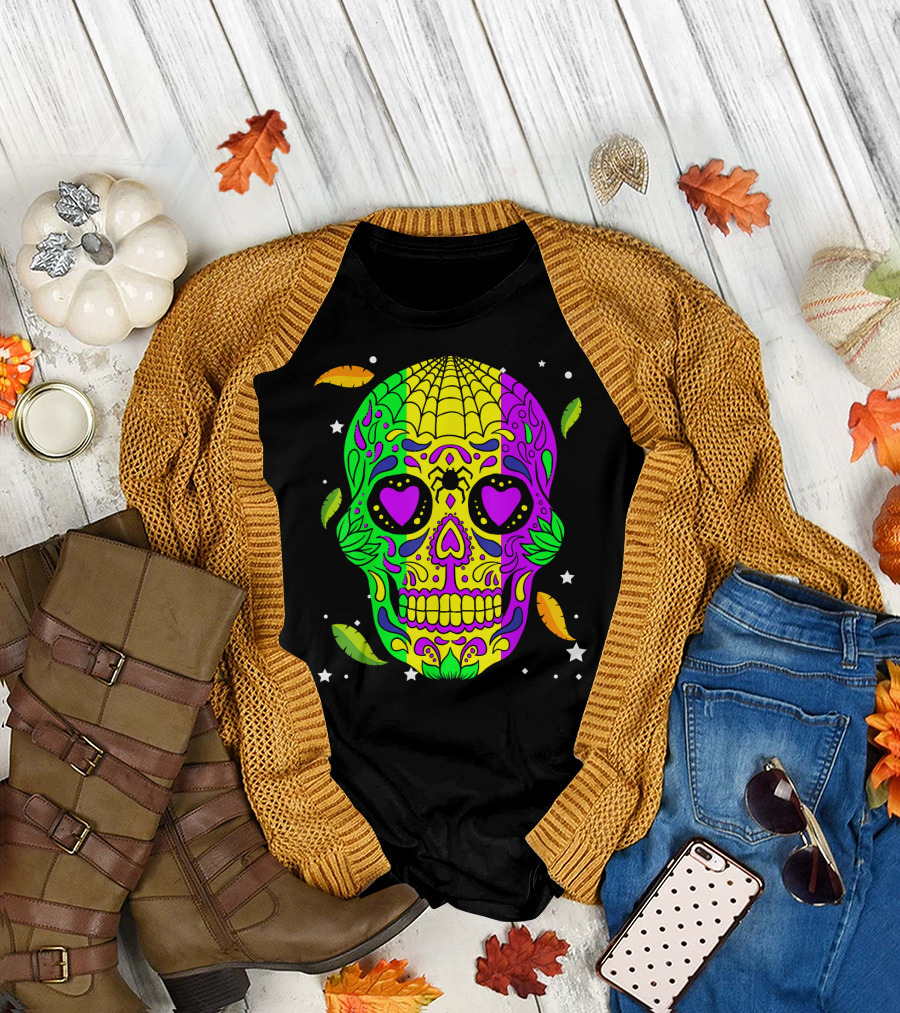 Mardi Gras Skull Jester Hat Colorful Feather T-Shirt