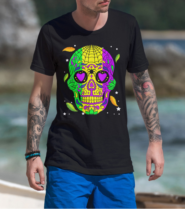 Mardi Gras Skull Jester Hat Colorful Feather T-Shirt