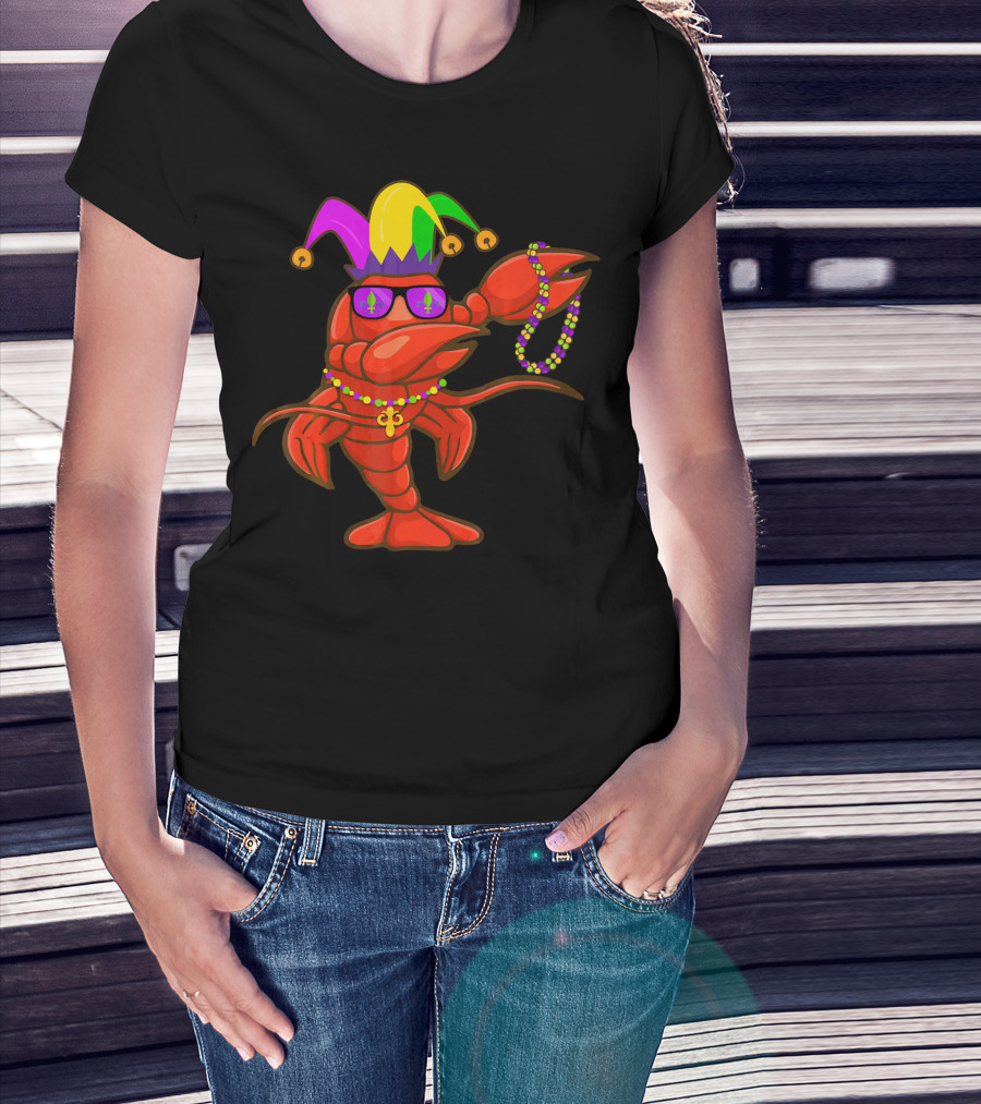 Jester Hat Crawfish Dabbing With Mardi Gras Beads Party T-Shirt