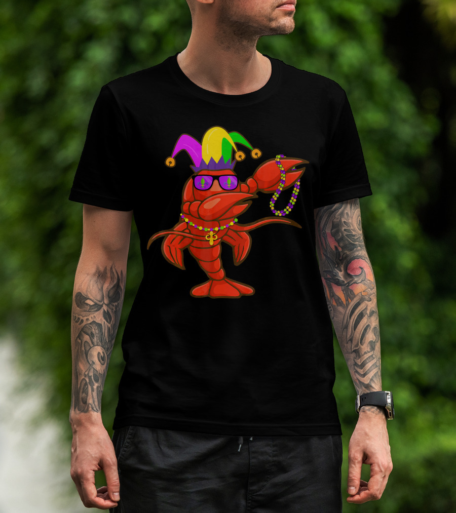 Jester Hat Crawfish Dabbing With Mardi Gras Beads Party T-Shirt
