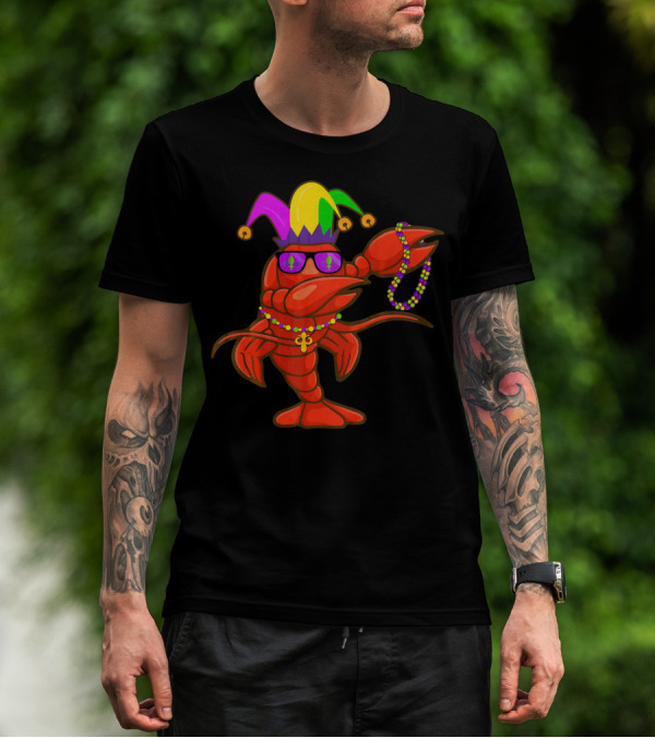 Jester Hat Crawfish Dabbing With Mardi Gras Beads Party T-Shirt