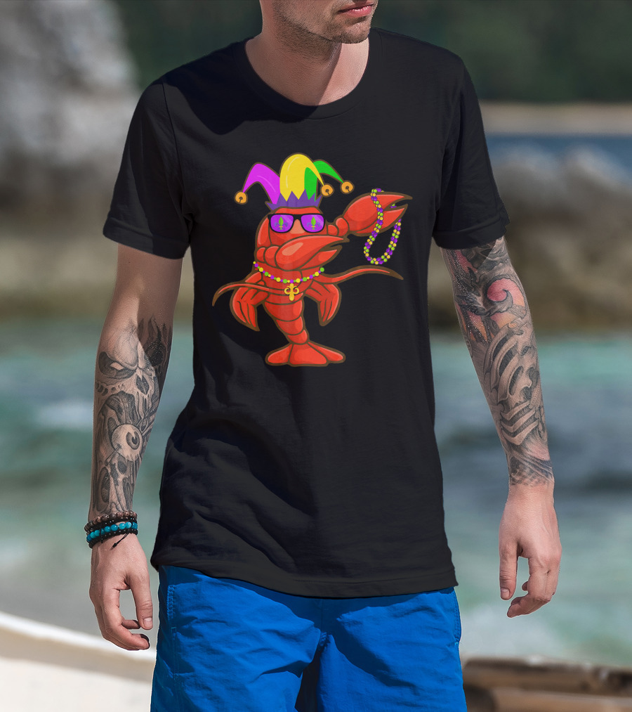 Jester Hat Crawfish Dabbing With Mardi Gras Beads Party T-Shirt