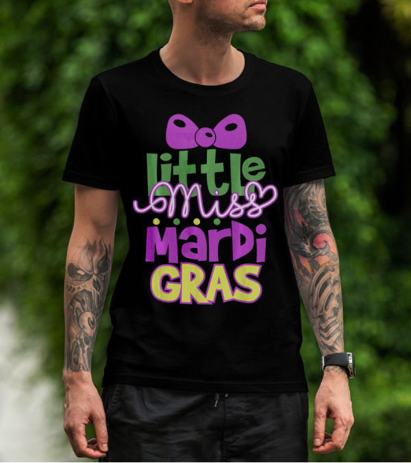 Little Miss Mardi Gras Bow Colorful Letters T-Shirt