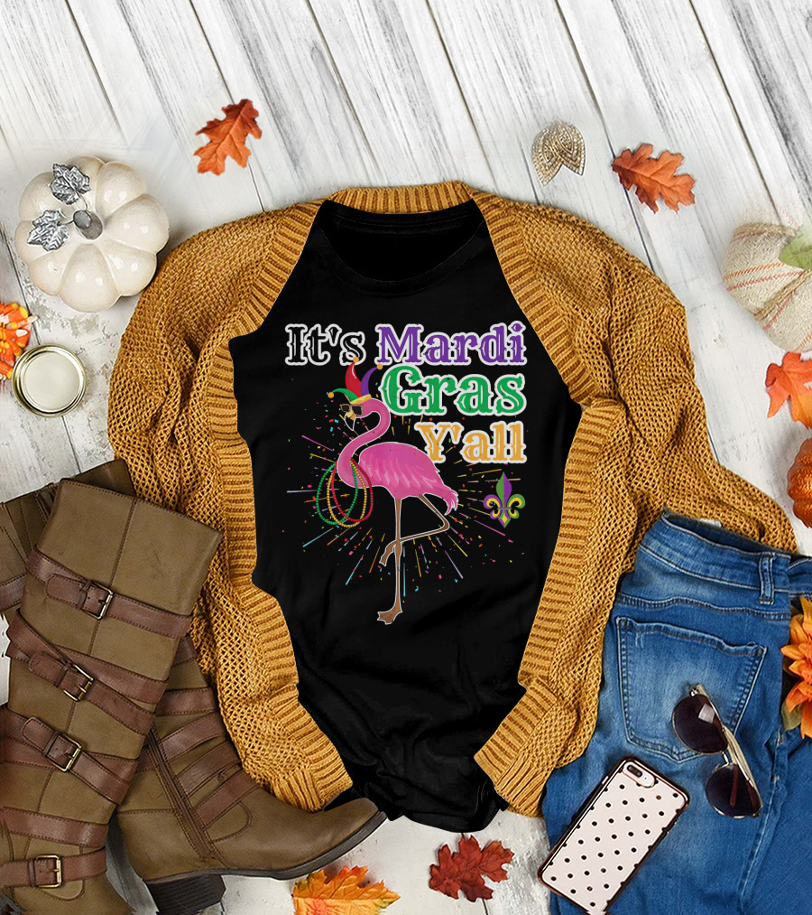 Flamingo It's Mardi Gras Y'all with Beads and Fleur-de-lis T-Shirt