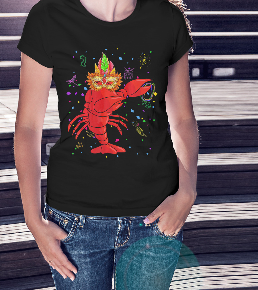 Dabbing Lobster With Mardi Gras Mask And Beads Confetti T-Shirt