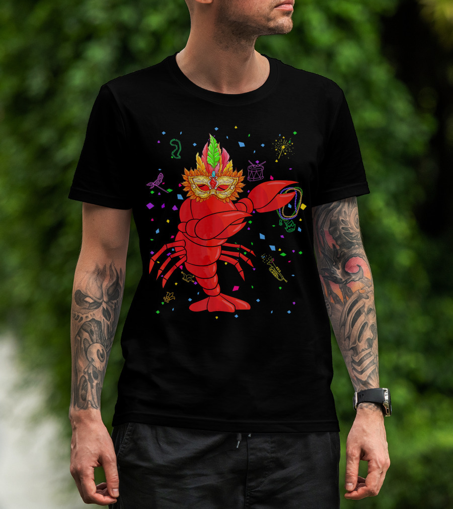 Dabbing Lobster With Mardi Gras Mask And Beads Confetti T-Shirt