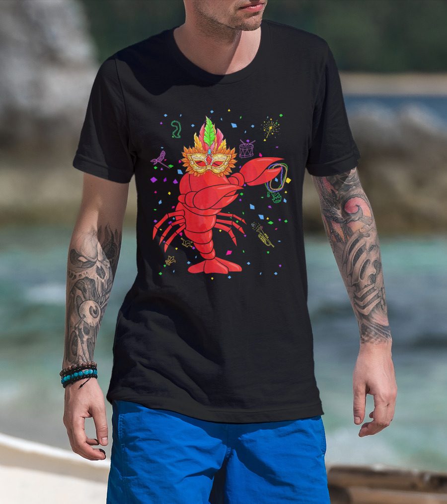 Dabbing Lobster With Mardi Gras Mask And Beads Confetti T-Shirt