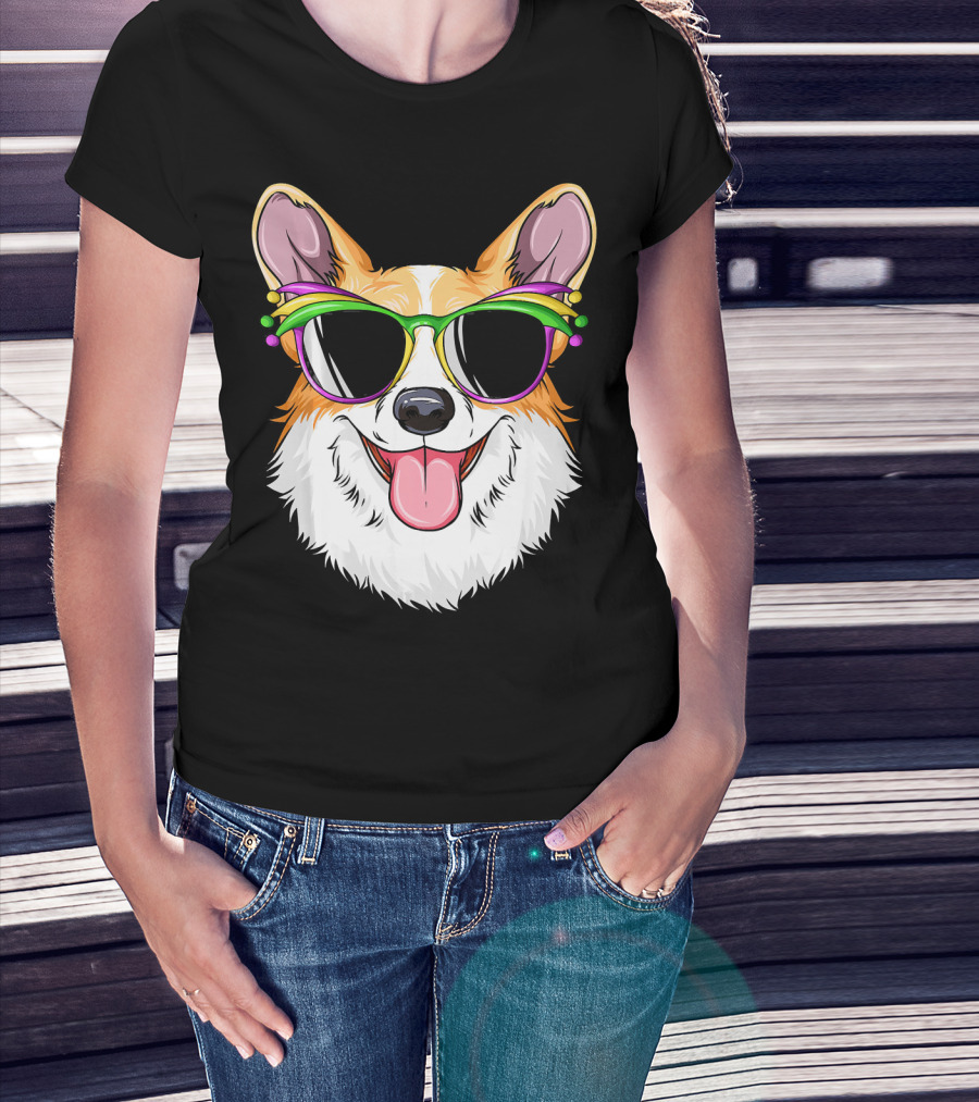 Mardi Gras Corgi With Carnival Mask And Glasses T-Shirt