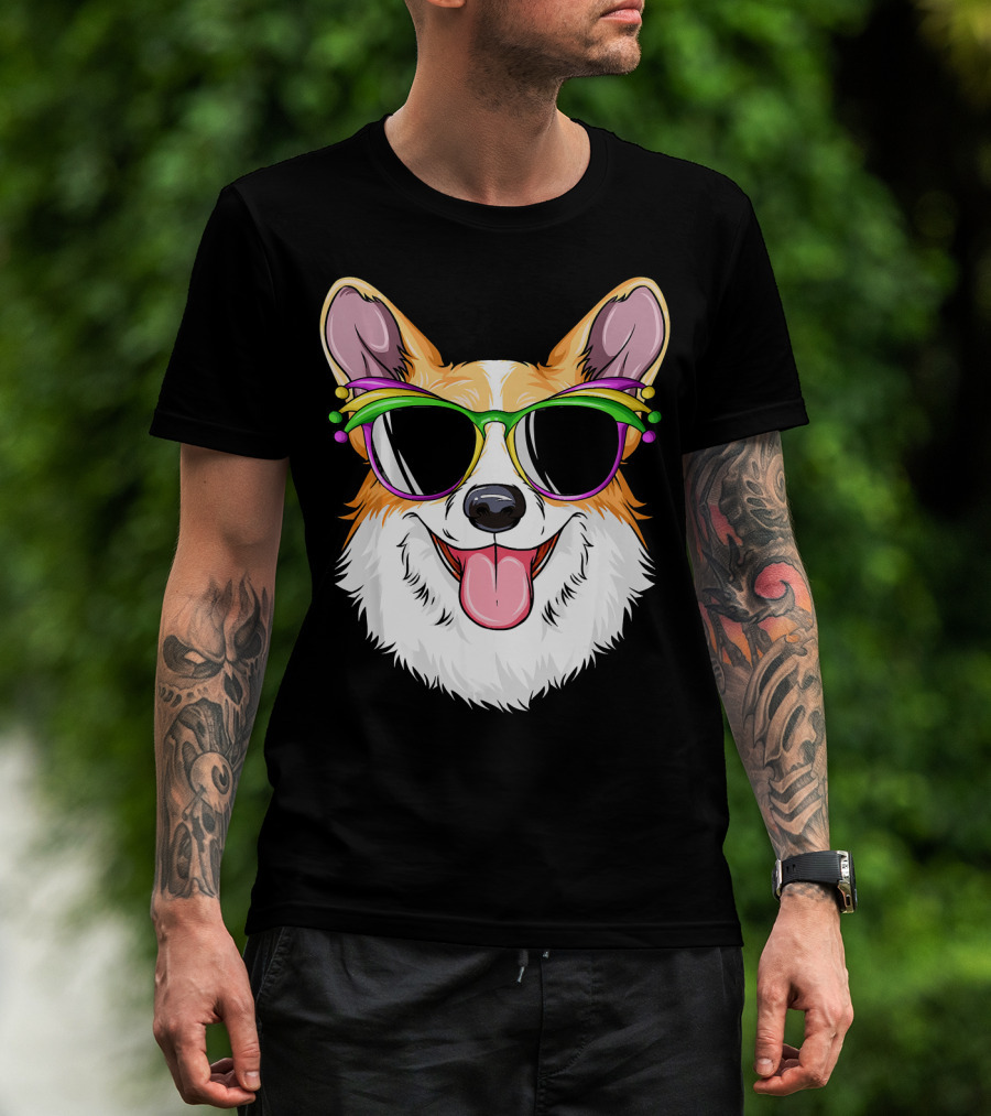 Mardi Gras Corgi With Carnival Mask And Glasses T-Shirt