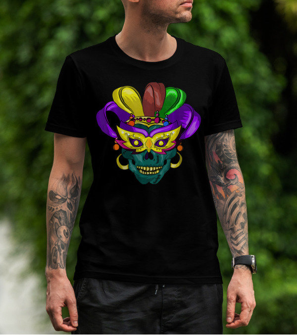 Mardi Gras Sugar Skull Colorful Mask Feather Parade Costume T-Shirt