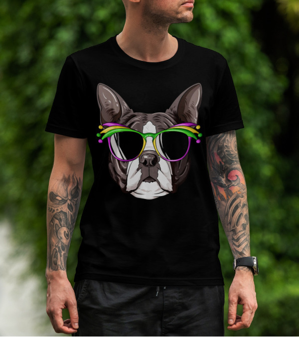 Boston Terrier With Colorful Mardi Gras Carnival Mask Glasses T-Shirt