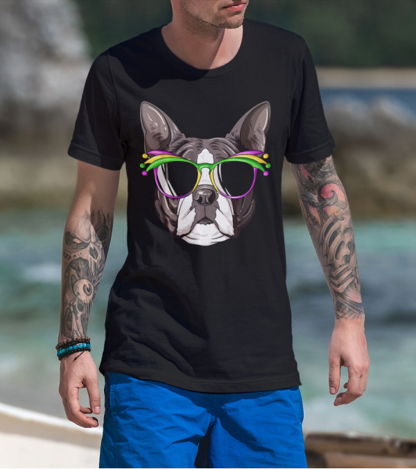 Boston Terrier With Colorful Mardi Gras Carnival Mask Glasses T-Shirt