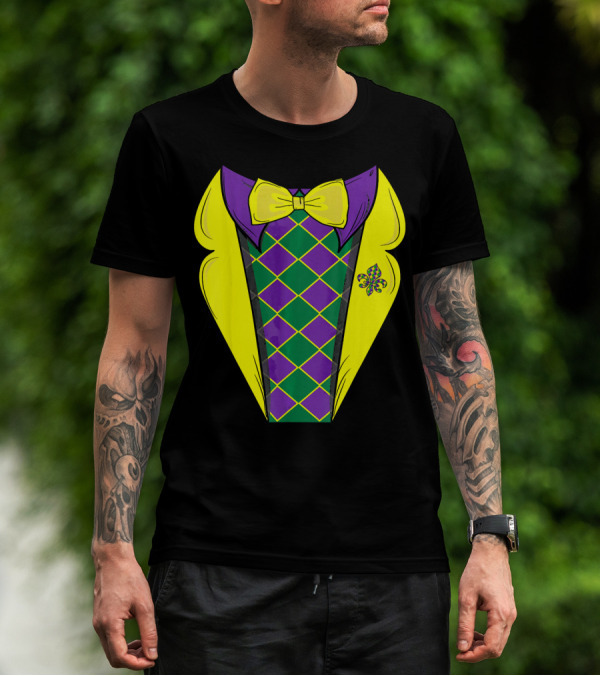 Mardi Gras Tuxedo Funny Party With Yellow Bowtie And Fleur-de-Lis T-Shirt