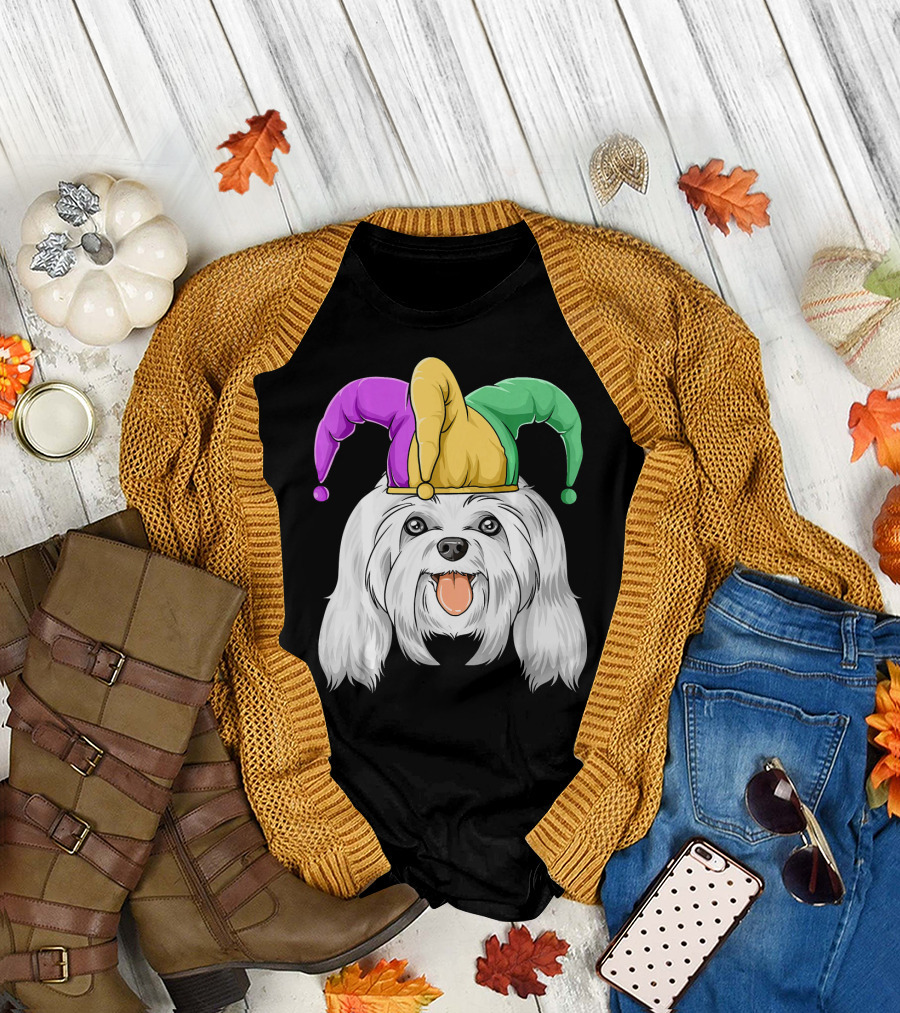 Mardi Gras Carnival Hat Maltese Dog Jester T-Shirt