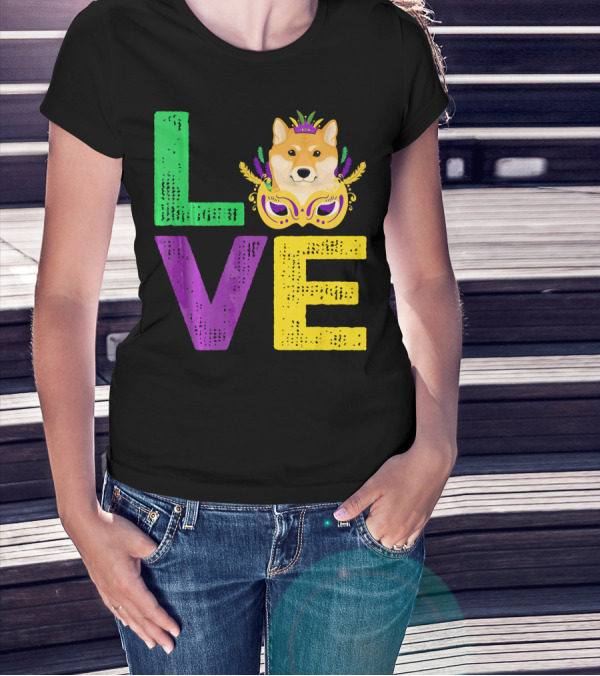 Love Shiba Inu Dog Mardi Gras Funny Dog Dad T-Shirt