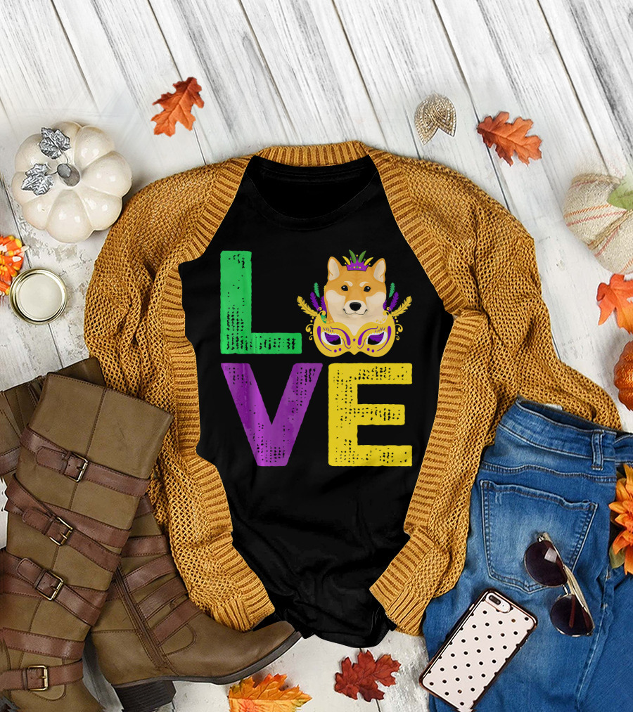 Love Shiba Inu Dog Mardi Gras Funny Dog Dad T-Shirt