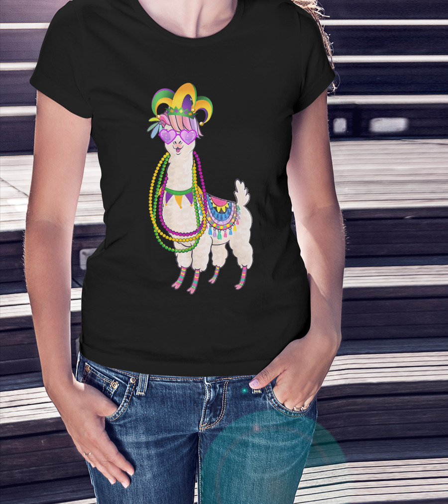Mardi Gras Beads Masked Llama With Jester Hat T-Shirt