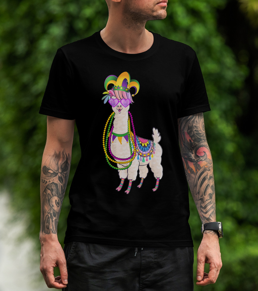 Mardi Gras Beads Masked Llama With Jester Hat T-Shirt