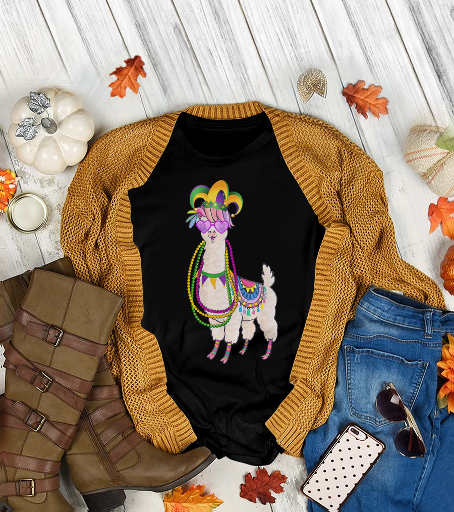 Mardi Gras Beads Masked Llama with Jester Hat T-Shirt