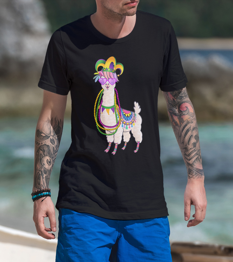 Mardi Gras Beads Masked Llama With Jester Hat T-Shirt