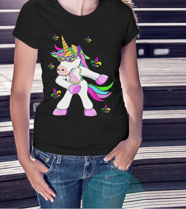 Mardi Gras Flossing Unicorn Fleur De Lis Mask Feathers Beads T-Shirt