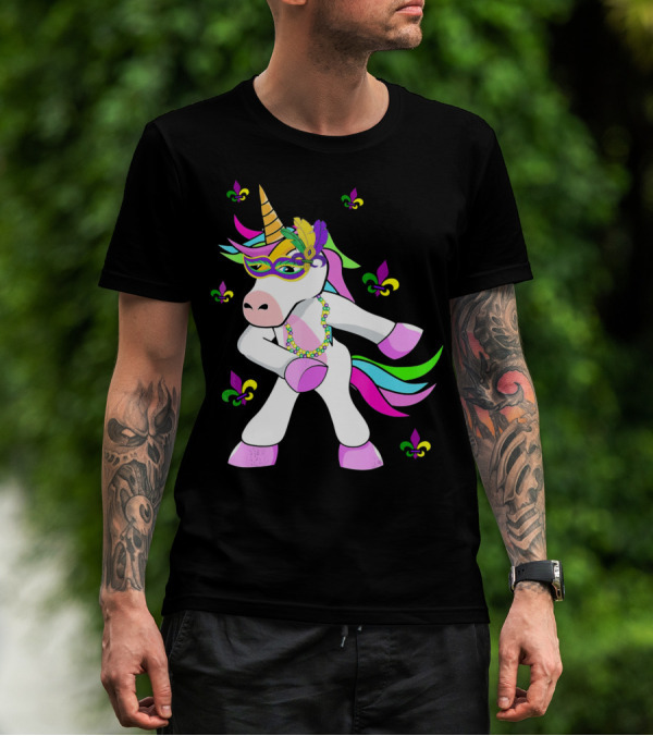 Mardi Gras Flossing Unicorn Fleur De Lis Mask Feathers Beads T-Shirt