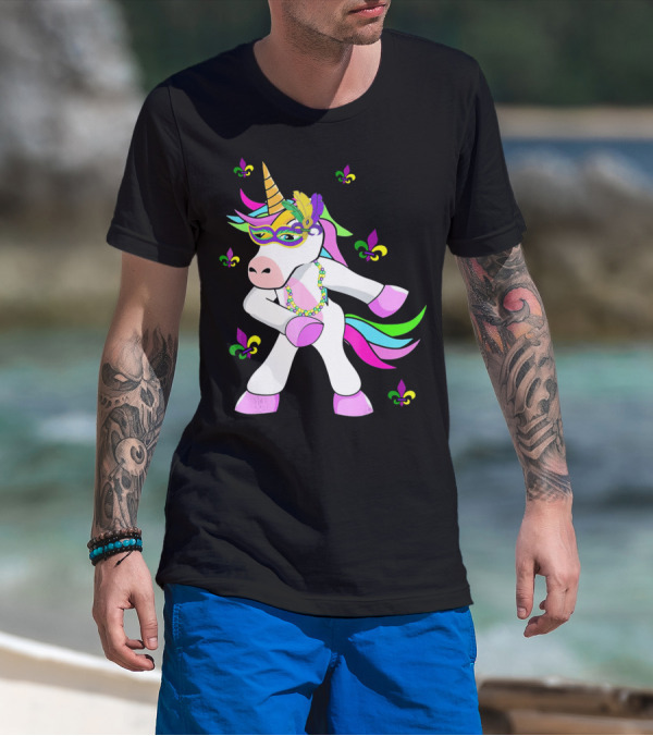 Mardi Gras Flossing Unicorn Fleur De Lis Mask Feathers Beads T-Shirt
