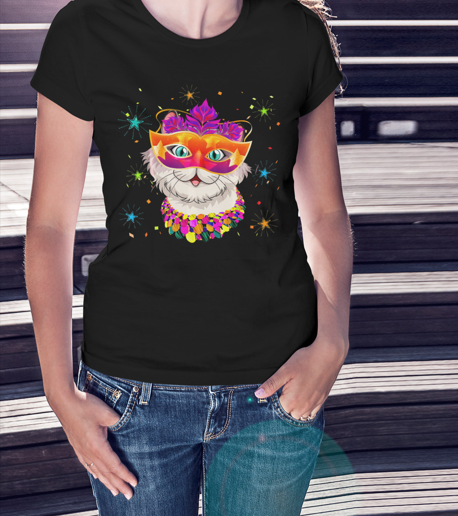 Mardi Gras Cat With Festive Mask And Beads For Cat Lovers T-Shirt