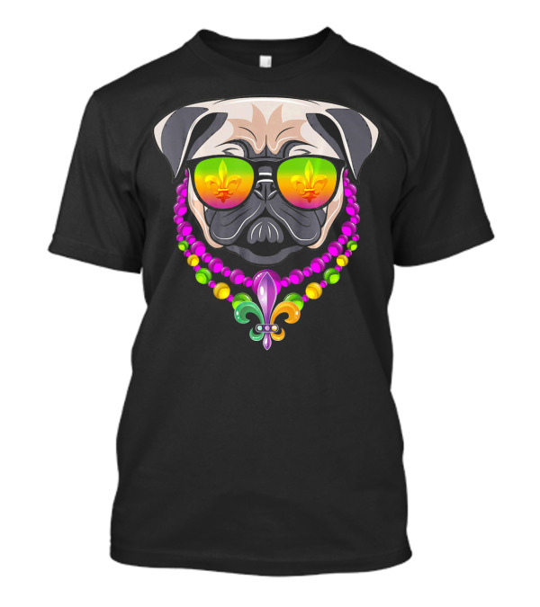 Mardi Gras Pug With Beads And Fleur-de-Lis Sunglasses T-Shirt