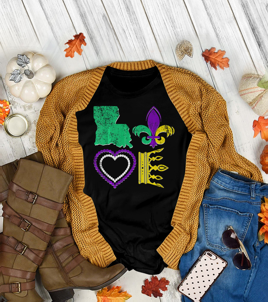 Louisiana Love Mardi Gras Fleur-de-Lis Beads Crown T-Shirt