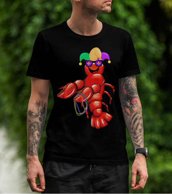 Flossing Mardi Gras Bead Jester Hat Crawfish With Sunglasses T-Shirt