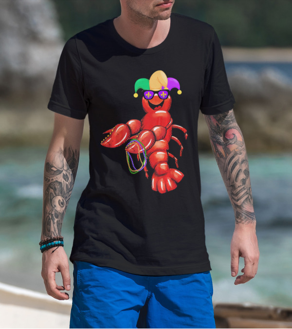 Flossing Mardi Gras Bead Jester Hat Crawfish With Sunglasses T-Shirt