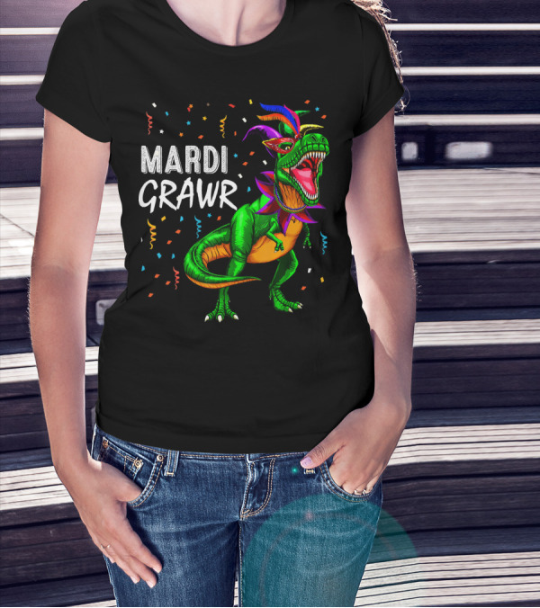 Mardi Grawr Rex Dinosaur Festive Costume With Confetti T-Shirt