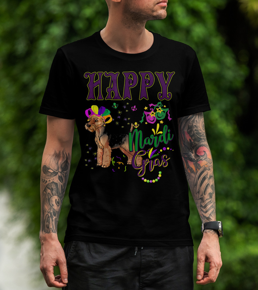 Happy Mardi Gras Welsh Terrier Masquerade Beads And Stars T-Shirt