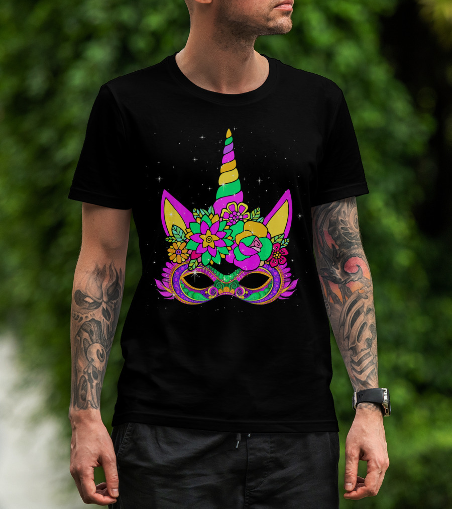 Mardi Gras Unicorn Floral Mask With Colorful Decorations T-Shirt