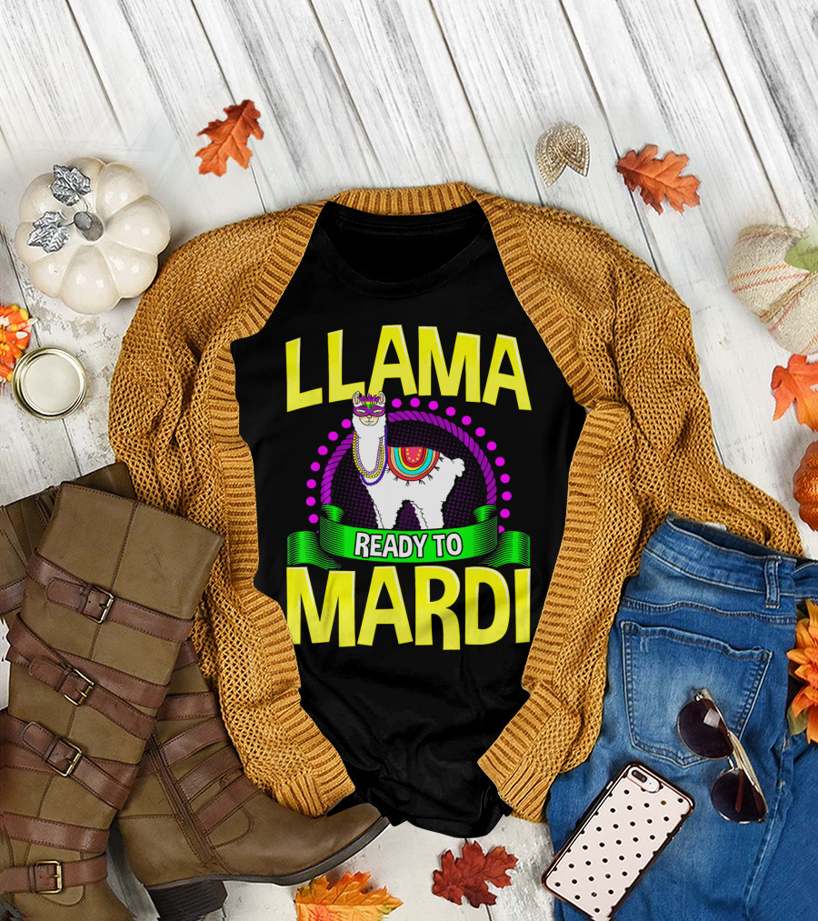 Llama Ready to Mardi Funny Llama Lover Festive Mask Beads Parade T-Shirt