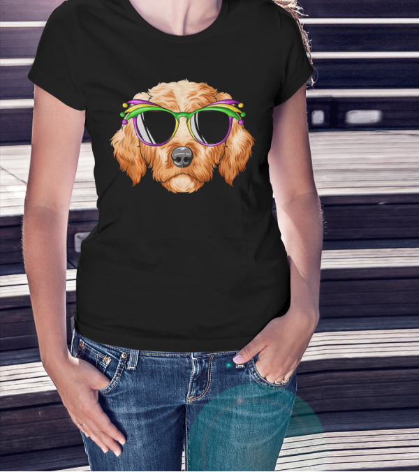 Goldendoodle Mardi Gras Carnival Mask Sunglasses T-Shirt