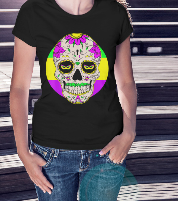 Mardi Gras Sugar Skull With Jester Hat And Mask Elements T-Shirt