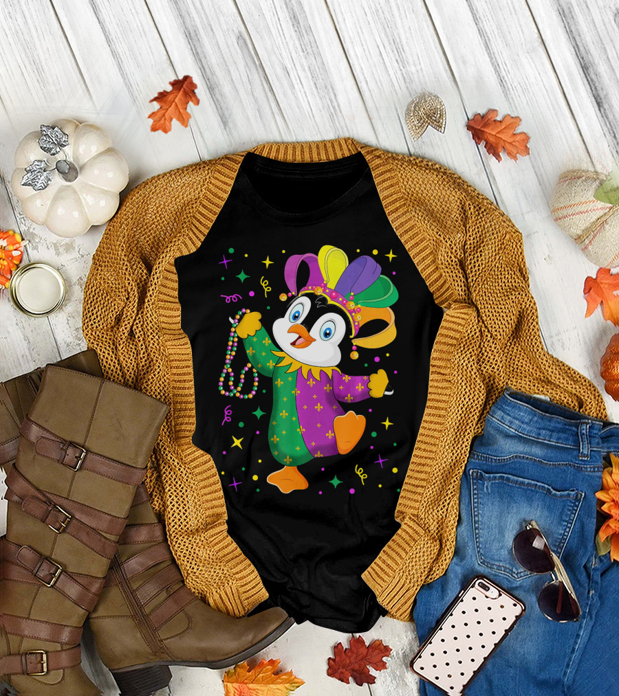 Cute Penguin Jester with Mardi Gras Colors and Beads T-Shirt