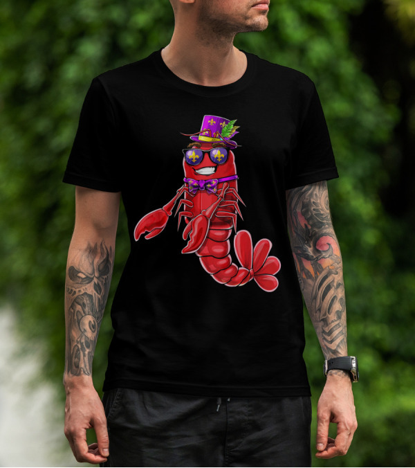 Flossing Crawfish In Mardi Gras Jester Hat With Beads And Fleur-de-lis Glasses T-Shirt