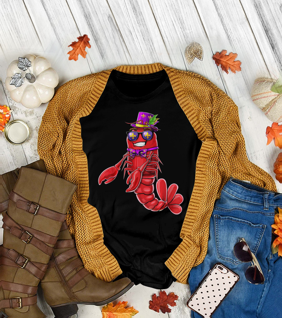 Flossing Crawfish in Mardi Gras Jester Hat with Beads and Fleur-de-lis Glasses T-Shirt