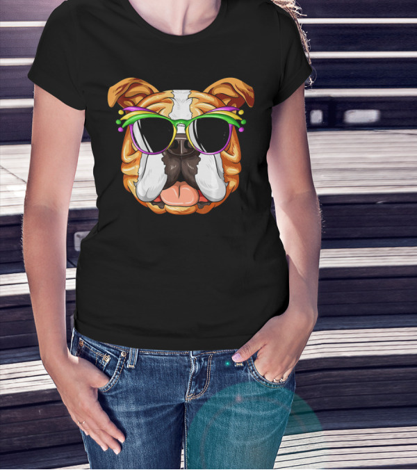 English Bulldog Wearing Colorful Mardi Gras Carnival Mask Glasses T-Shirt
