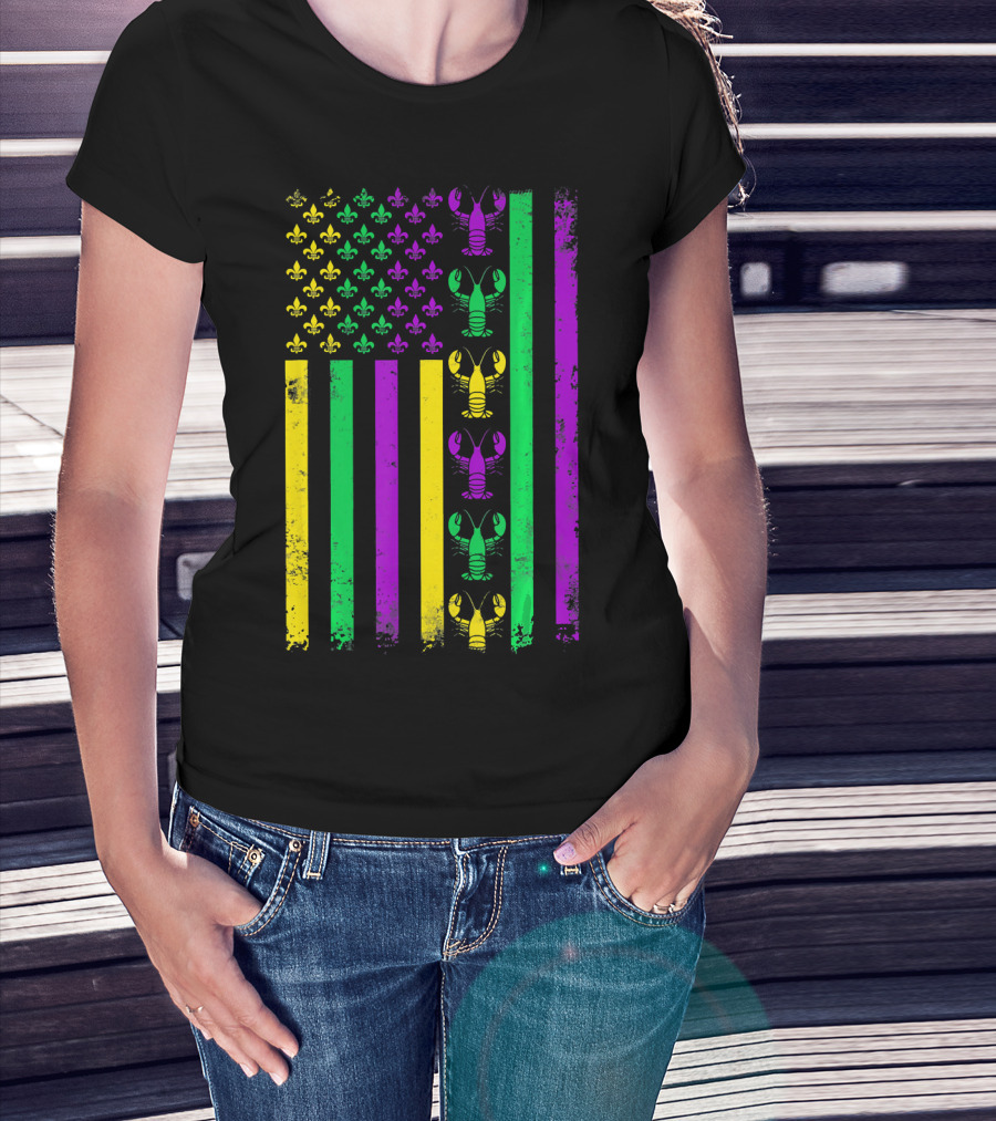American Flag Mardi Gras Crawfish Fleur-de-Lis T-Shirt