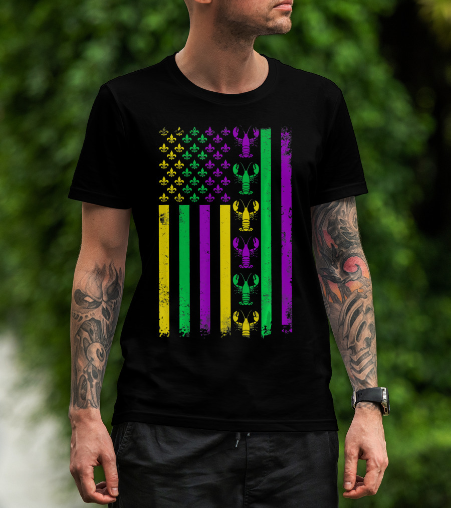 American Flag Mardi Gras Crawfish Fleur-de-Lis T-Shirt