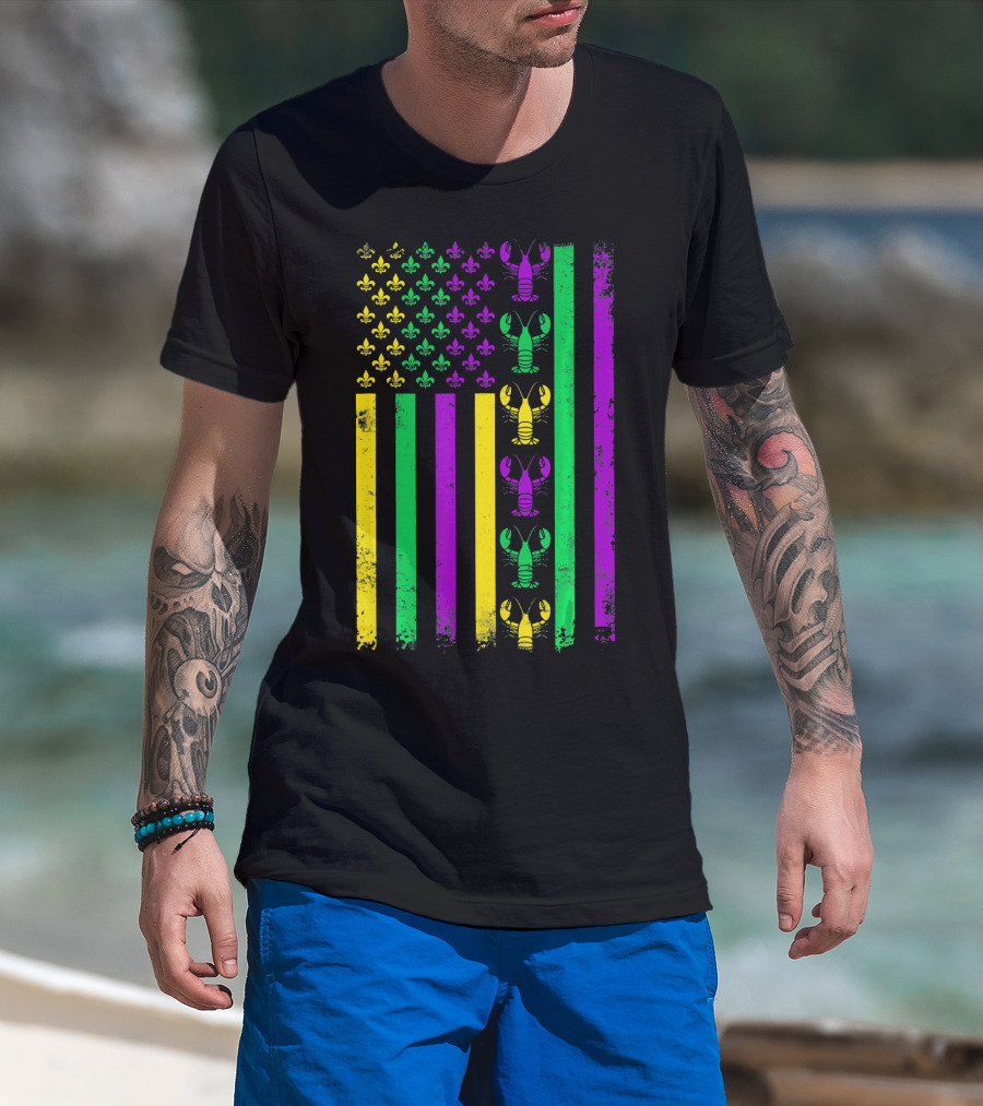 American Flag Mardi Gras Crawfish Fleur-de-Lis T-Shirt