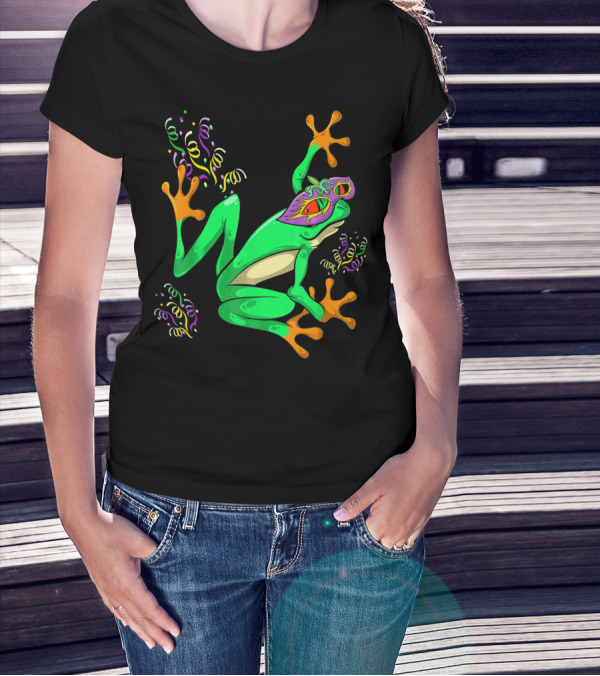 Frog In Mardi Gras Mask With Party Streamers T-Shirt