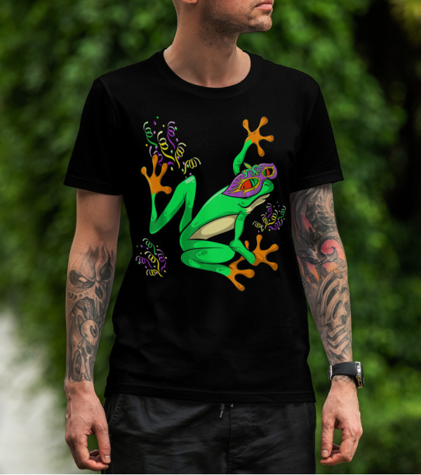 Frog In Mardi Gras Mask With Party Streamers T-Shirt